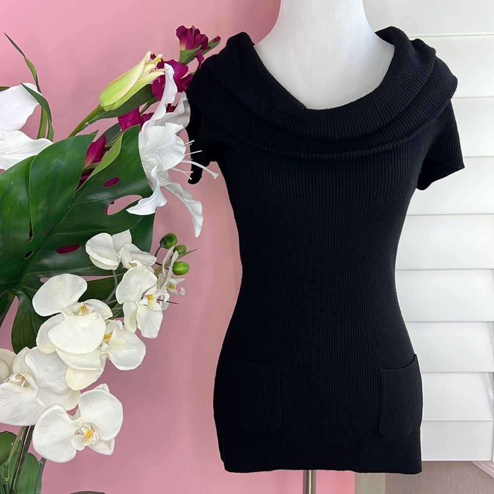 INC International Concepts Black Short Sleeve Cowl Neck Knit Sweater Top SP